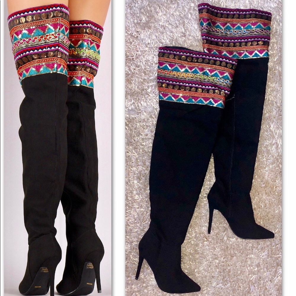 SUEDE EMBROIDERED SEQUIN  OVER THE KNEE BOOT